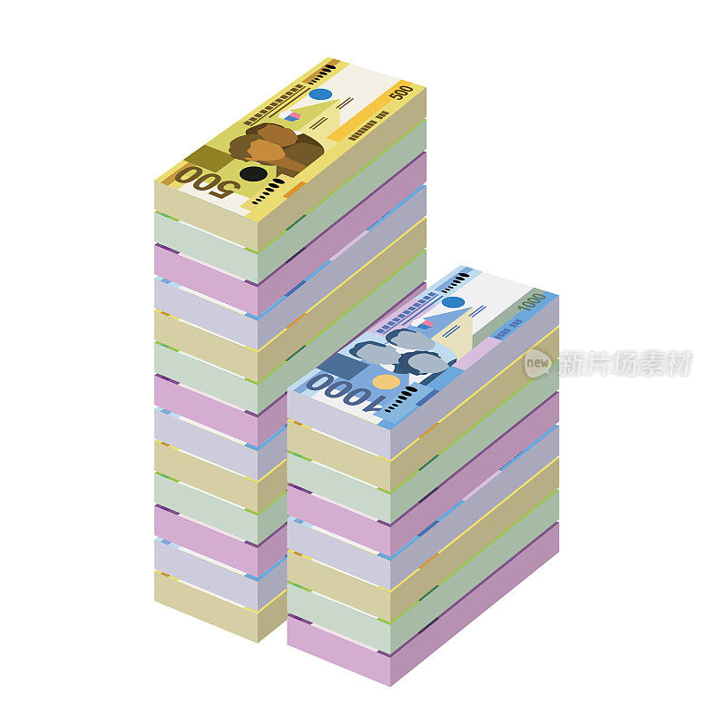 菲律宾比索矢量插图。菲律宾货币套装捆钞。纸币100 200 500 1000 PHP。平的风格。孤立的白色背景。简约的设计。